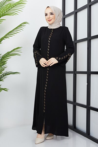hafsamina Büyük Beden Taş Detaylı Siyah Ferace
