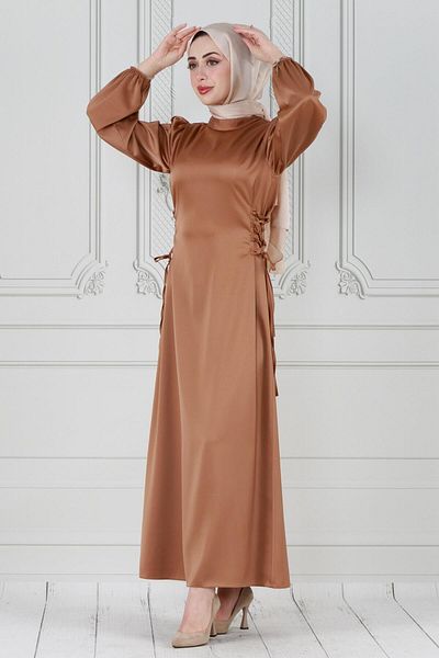 Sevitli Rochie de Seara din Satin - Dantela Laterala, Culoare Camel