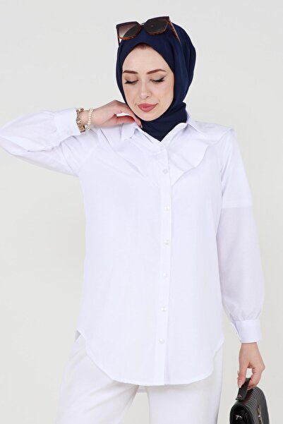Sevitli Poplin Tunic with Fold Detail at the Collar - White