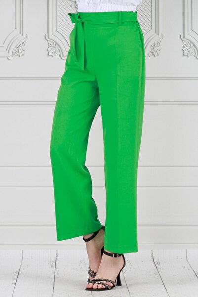 Sevitli Πράσινο παντελόνι με φαρδύ πόδι και δεμένη μέση