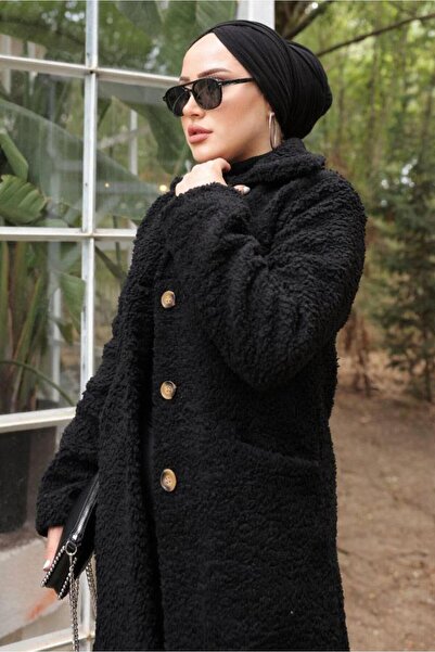 hafsamina Μαύρο βελούδινο παλτό - Διπλό γιακά, HM2507