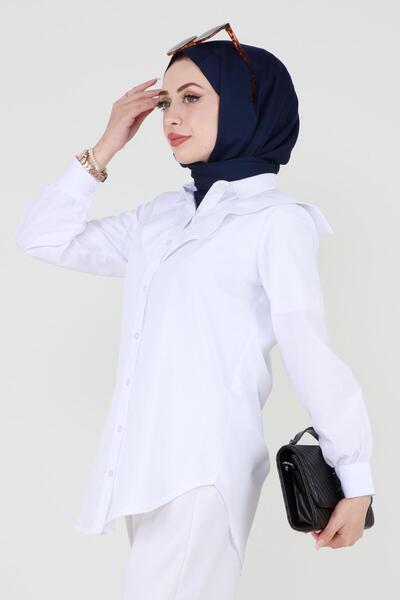 Sevitli Poplin Tunic with Fold Detail at the Collar - White
