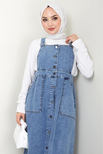 hafsamina Blue Denim Salopet - Buttoned Dress HM22456