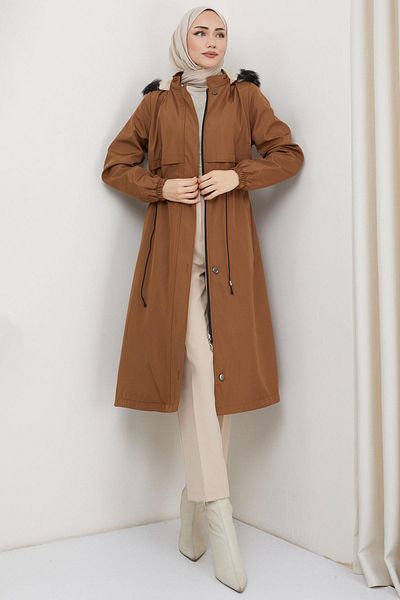 hafsamina Allergic Fur Lined Bondit Coat Tan HM2330