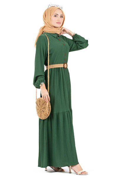 Sevitli Ψάθινο φόρεμα με ζώνη-Σμαραγδένιο πράσινο