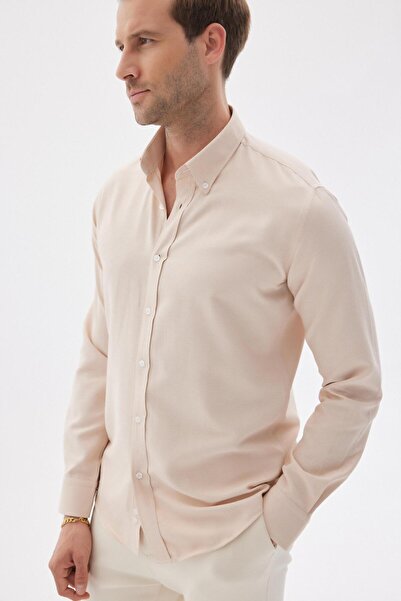 odelon Ανδρικό πουκάμισο Oxford σε μπεζ λεπτή εφαρμογή - Easy-Iron, Mars36