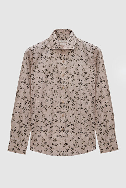 D'S Damat Πουκάμισο Ds Damat Slim Fit Σκούρο Μπεζ εμπριμέ 100% βαμβάκι