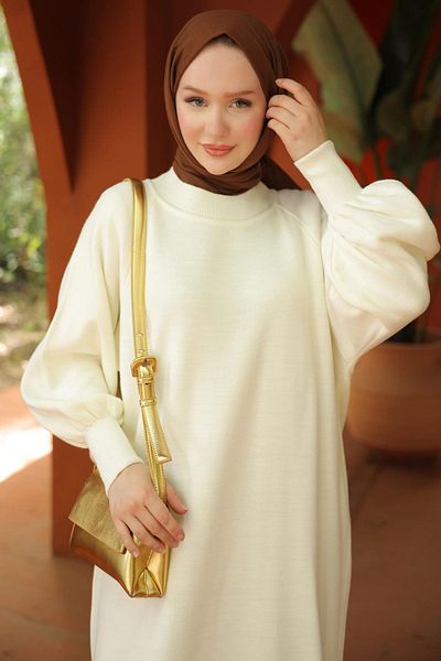 hafsamina White Balloon Sleeve Knitwear Dress - Hm2522