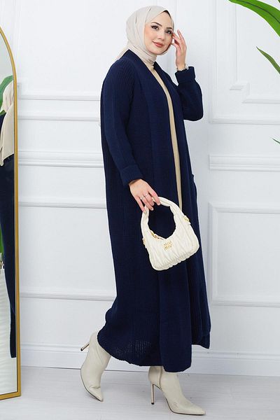hafsamina Shawl Collar Pocket Knitwear Cardigan Navy Blue HM2243