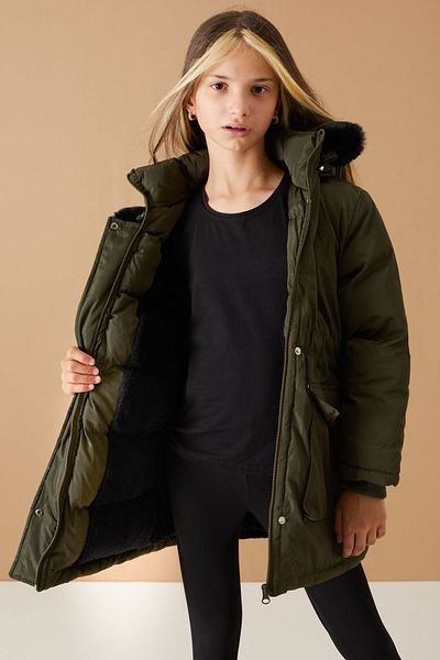 Cansın Mini Girl's Hooded Khaki Coat - Pockets, Flap 19061