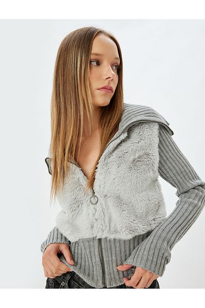 Koton Cardigan slim cu guler cu fermoar din blană artificială - nervurat
