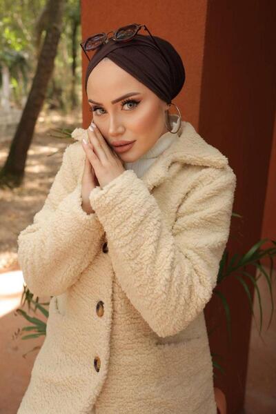 hafsamina Κρεμ βελούδινο παλτό - Διπλός γιακάς, HM2507