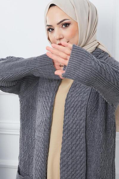 hafsamina Shawl Collar Casual Knitwear Cardigan Smoked HM2248