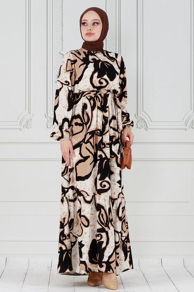 Sevitli Viscose Dress - Tulip Pattern and Waist Belted - Mink