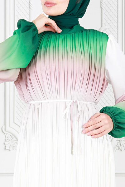 Sevitli Σμαραγδένιο Πράσινο Πλισέ Μαρμάρινο Φόρεμα Hijab