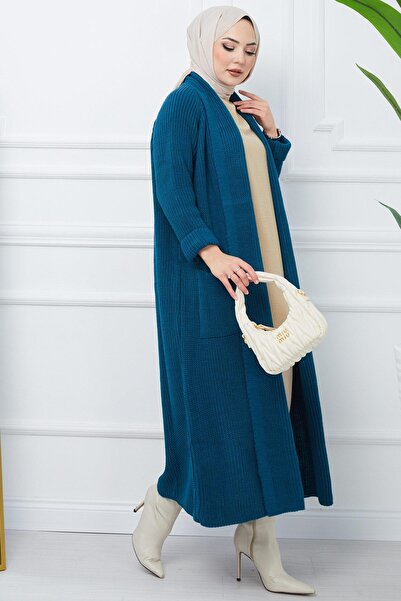 hafsamina Πλεκτό ζακέτα με γιακά σάλι και τσέπες Petrol HM2243