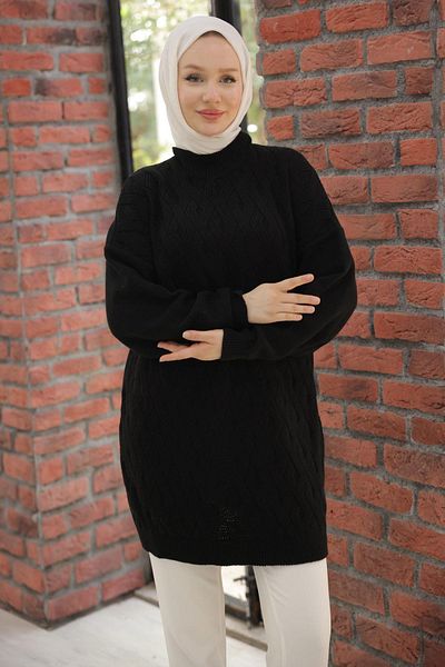 hafsamina Black Knitwear Tunic - Knitted Pattern, Hm2525