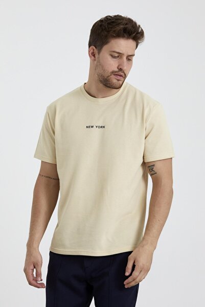 odelon Men's Cream T-shirt - Crew Neck, New York Printed, Comfortable Fit