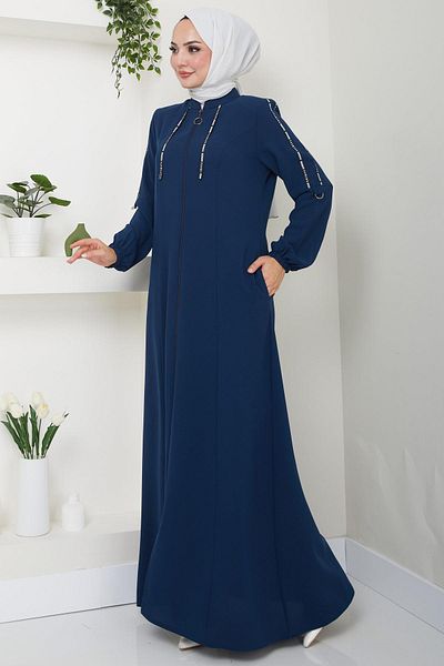 hafsamina Petrol Color Striped Sport Abaya - HM2483
