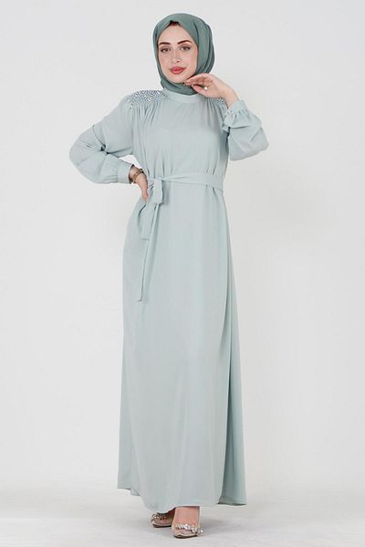 Sevitli Embroidered Shoulder Waist Belted Hijab Dress-Mint Green