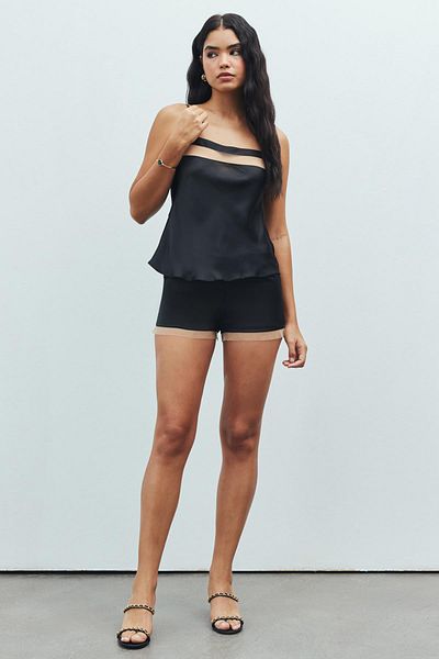 Feu De Elu Black Satin Pajama Set - Tulle Detailed Strappy