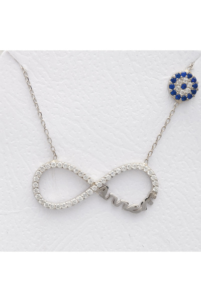 Erdenizgümüş Annem Yazılı Sonsuzluk Işareti Nazar Boncuklu Gümüş Kolye