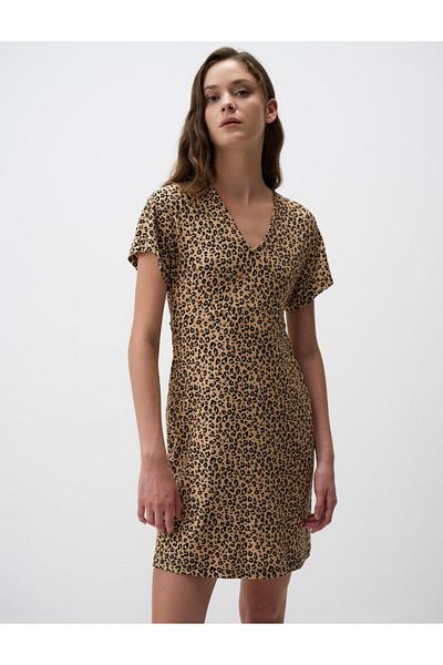 Jimmy Key Mixed V Neck Relaxed Fit Leopard Print Mini Dress