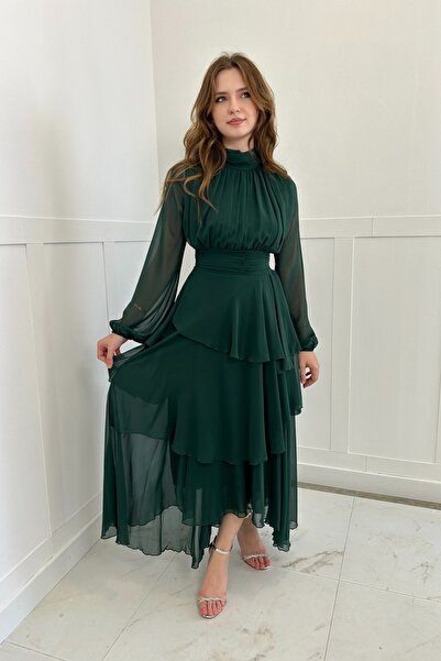 HELİS BUTİK Σμαραγδένιο φόρεμα σιφόν - λαιμόκοψη και ντραπέ