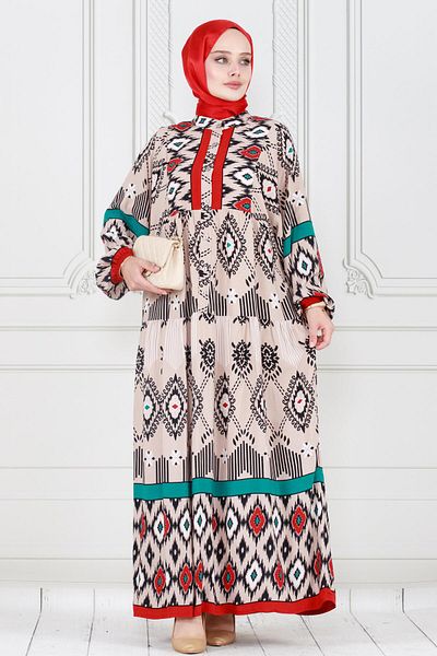 Sevitli Beige Ikat PatterneD Half Button Dress