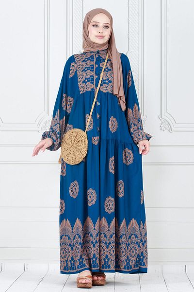 Sevitli Blue Viscon Hijab Dress - Motif Pattern and Robe
