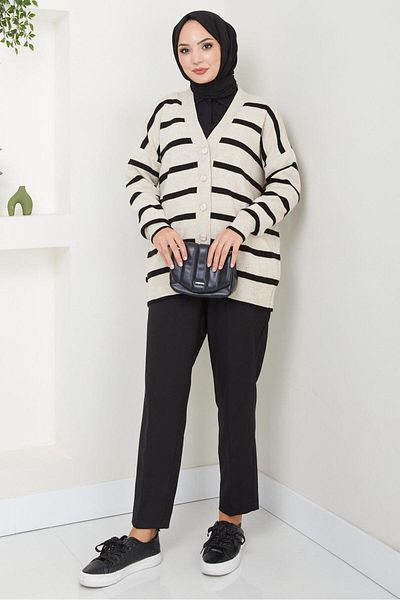 hafsamina Stone Colored Striped Araboy Knitwear Cardigan - Button Detailed Hm2516