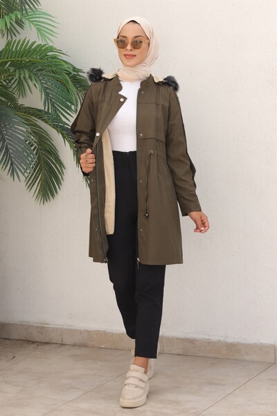 hafsamina Khaki Colored Drawstring Waist Jacket
