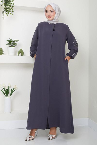 hafsamina Smoked Color Stone and Pearl Detailed Ferace HM2494