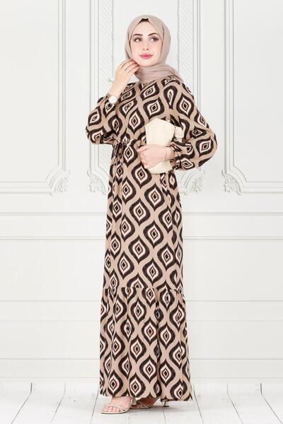 Sevitli Mink Viscose Dress - Ruffle Skirt and Ikat Pattern