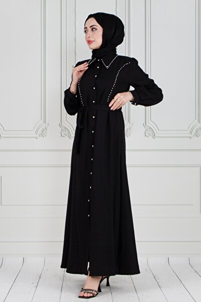 Sevitli İnci Çakım Önü Düğmeli Keten Elbise-Siyah