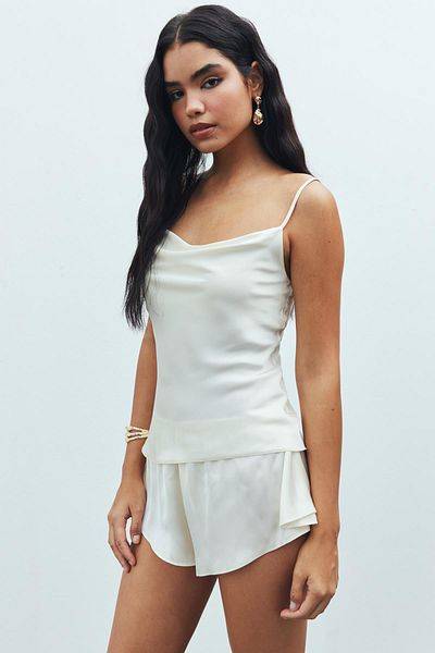 Feu De Elu Ecru Satin Short Pajama Set -DegajeCollar and Strap