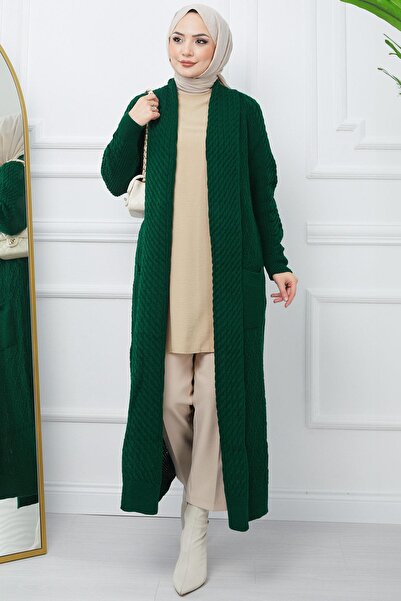 hafsamina Şal Yaka Salaş Triko Hırka Zümrüt HM2248