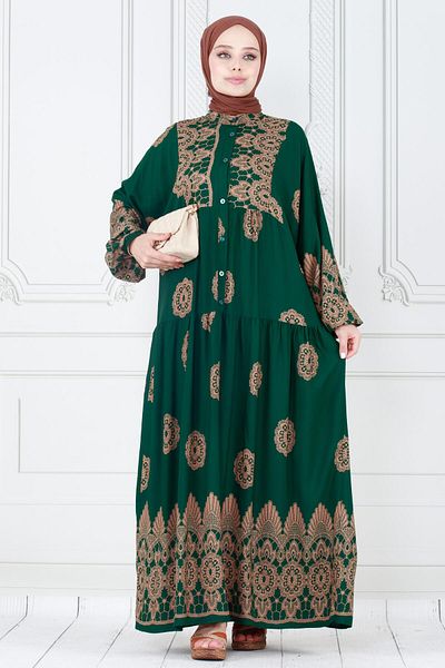 Sevitli Green Viscon Hijab Dress - Motif Pattern and Robe
