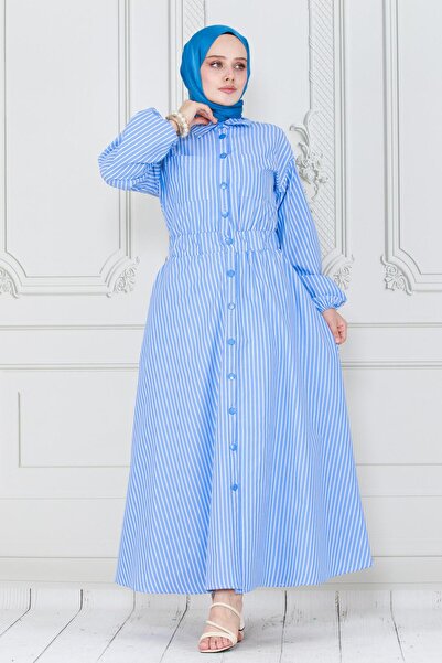 Sevitli Μπλε ριγέ φόρεμα με κουμπιά