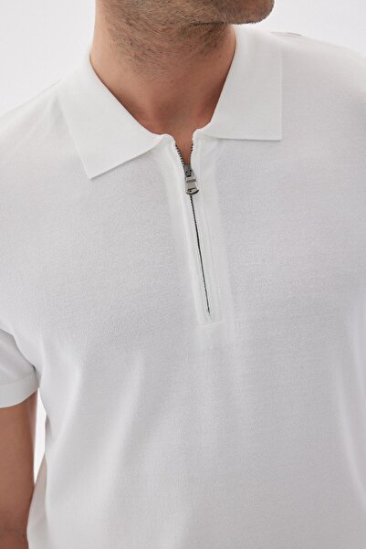 odelon Ecru Polo Neck Rayon Men's Knitwear T-Shirt - Limited Zipper