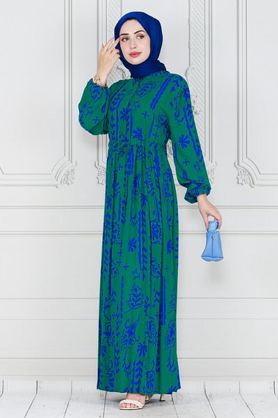 Sevitli Green Viscose Dress - Authentic and Half Buttoned