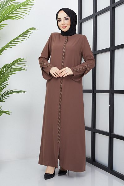 hafsamina Large Size Stone Detailed Tan Abaya