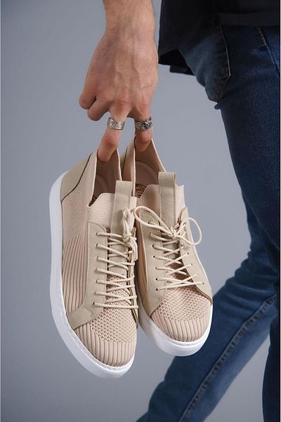 BESKAR KB 112 Μπεζ πλεκτά με κορδόνια casual ανδρικά παπούτσια