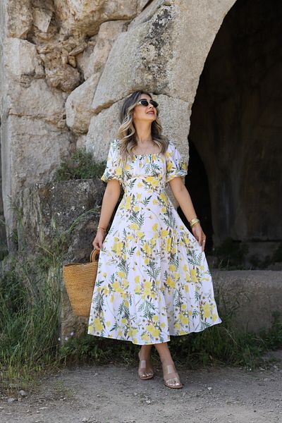 bytugcekaya Φόρεμα με κίτρινο λουλουδάτο μανίκι με μπαλόνι