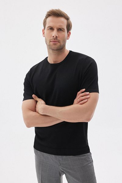 odelon Men's Black Knitwear T-shirt - Limited, Solid Short Sleeve, Rayon