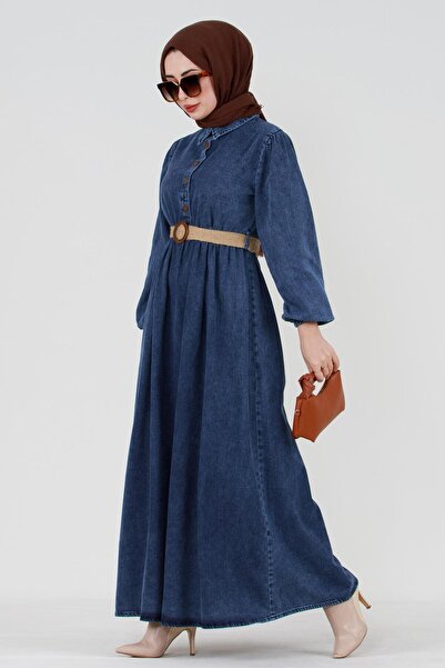Sevitli Ψάθινη ζώνη τζιν φόρεμα-Navy Blue