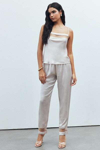 Feu De Elu Long Satin Pajama Set -LibreTulle Detailed and Stone Strap
