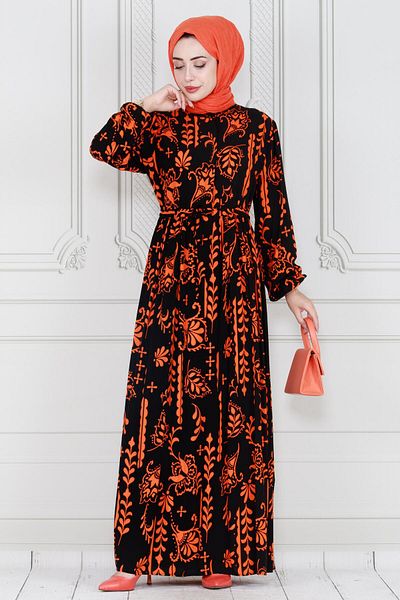 Sevitli Orange Viscose Dress - Authentic and Half Buttoned