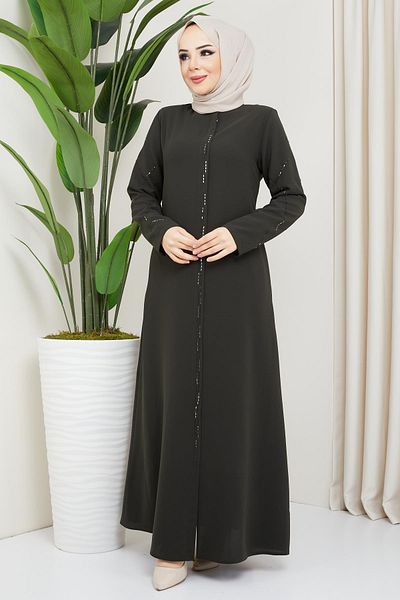 hafsamina Stone Detailed Plus Size Khaki Abaya