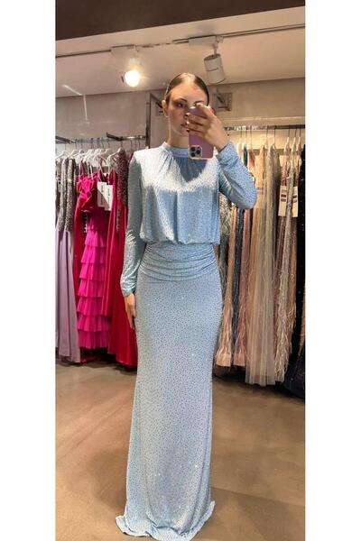 aşkın göksu Mavi Beden Zımbalı Hakim Yaka Belden Drapeli Uzun Kollu Kadın Abiye